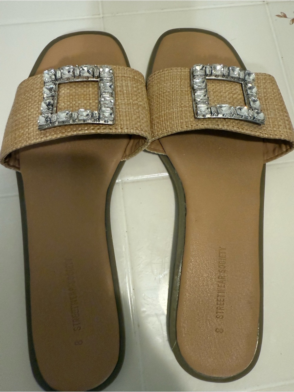 Raffia Slide Sandals with Crystal Buckle - Beige